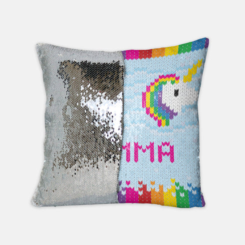 Personalized Unicorns and Rainbows Sequined Pillow, Cute Knitting Gift for Friend, Gift for Little Girl, Daughter Gift, Knitter Gift